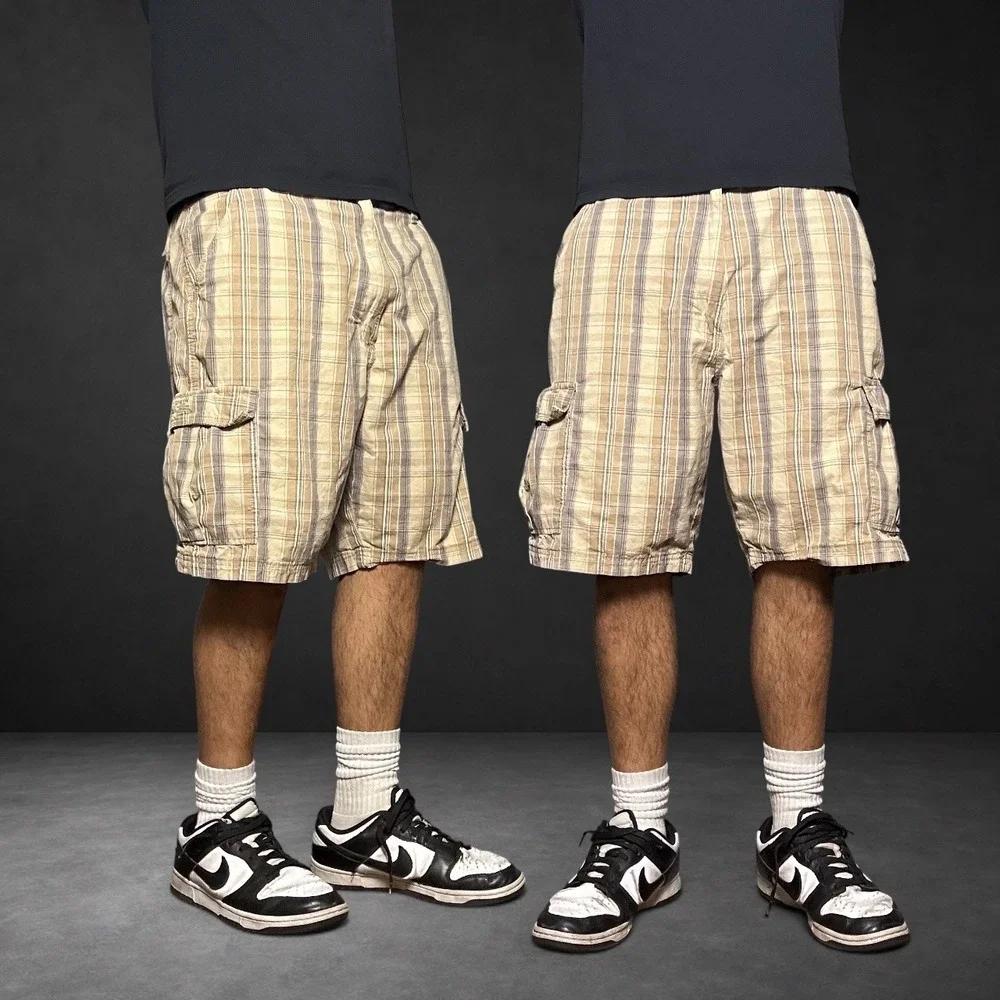 Wrangler Plaid Cargo Shorts Tan Brown Skater Y2K Mens Size 34